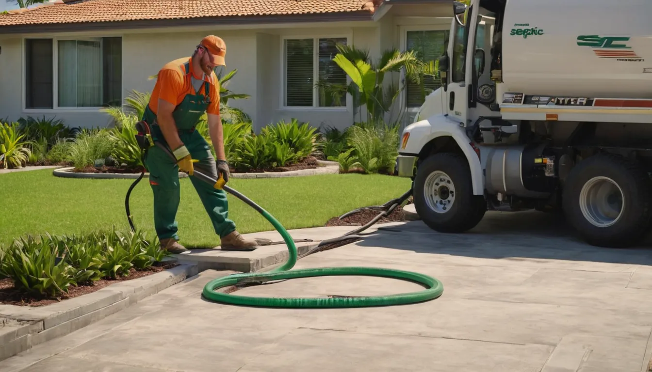 Provider pumping a residential septic tank in a Davie yard on a sunny afternoon