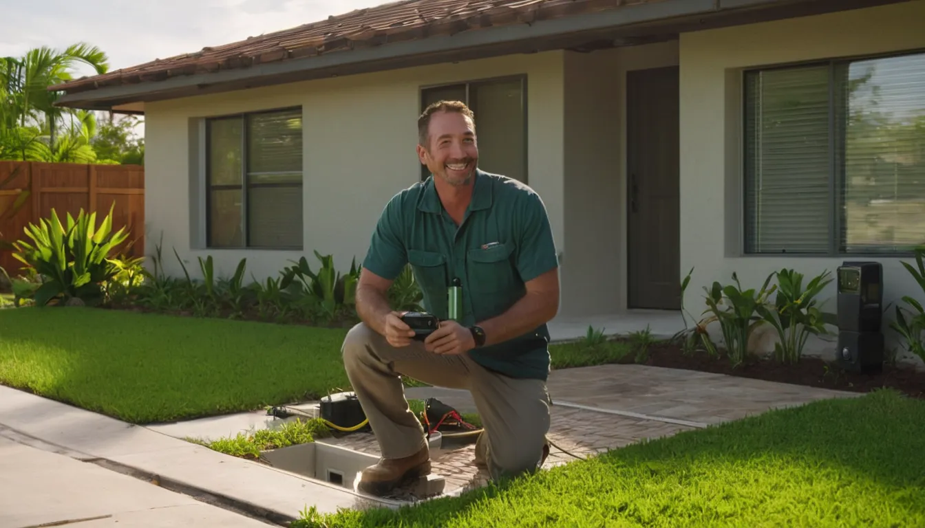Friendly sewer line provider showing a homeowner camera inspection footage in a Davie front yard